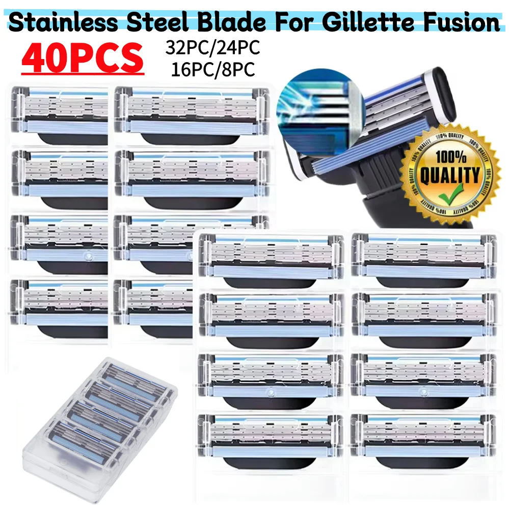 40–8 Stück Edelstahlklinge für Gillette Fusion, manuelle Rasierklingen, Ersatz-Nachfüllklingen, 3 Schichten Rasierer-Schneidkopf