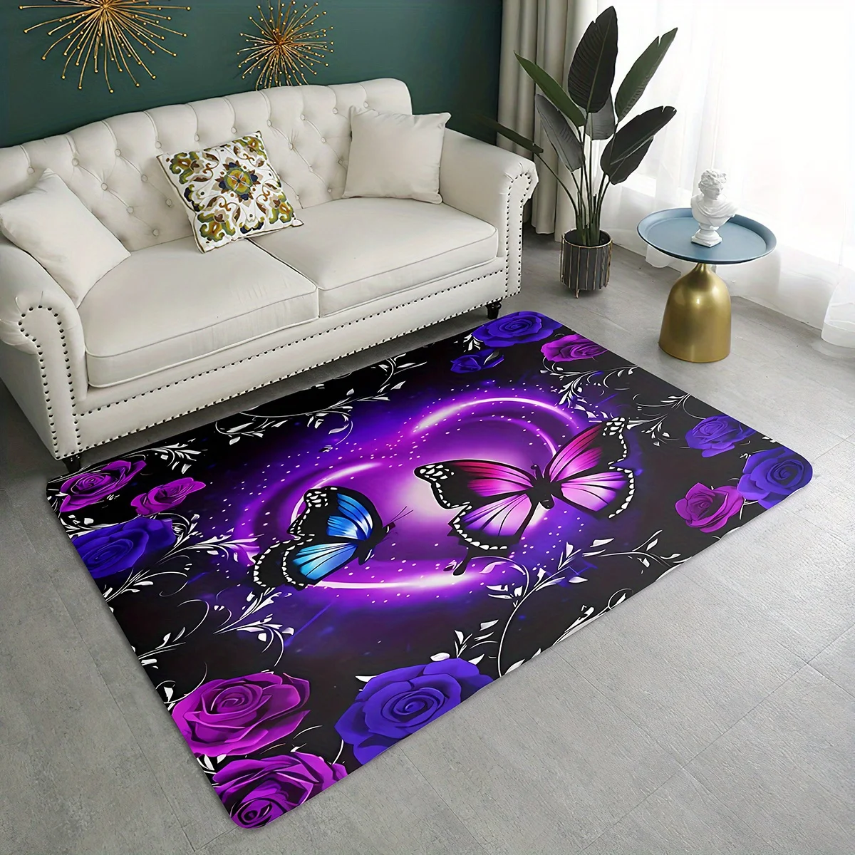 

1pc Butterfly & Floral Pattern Area Rug, Non-Slip Polyester Flannel Sponge Mat, Machine Washable Home Decor Carpet Pad