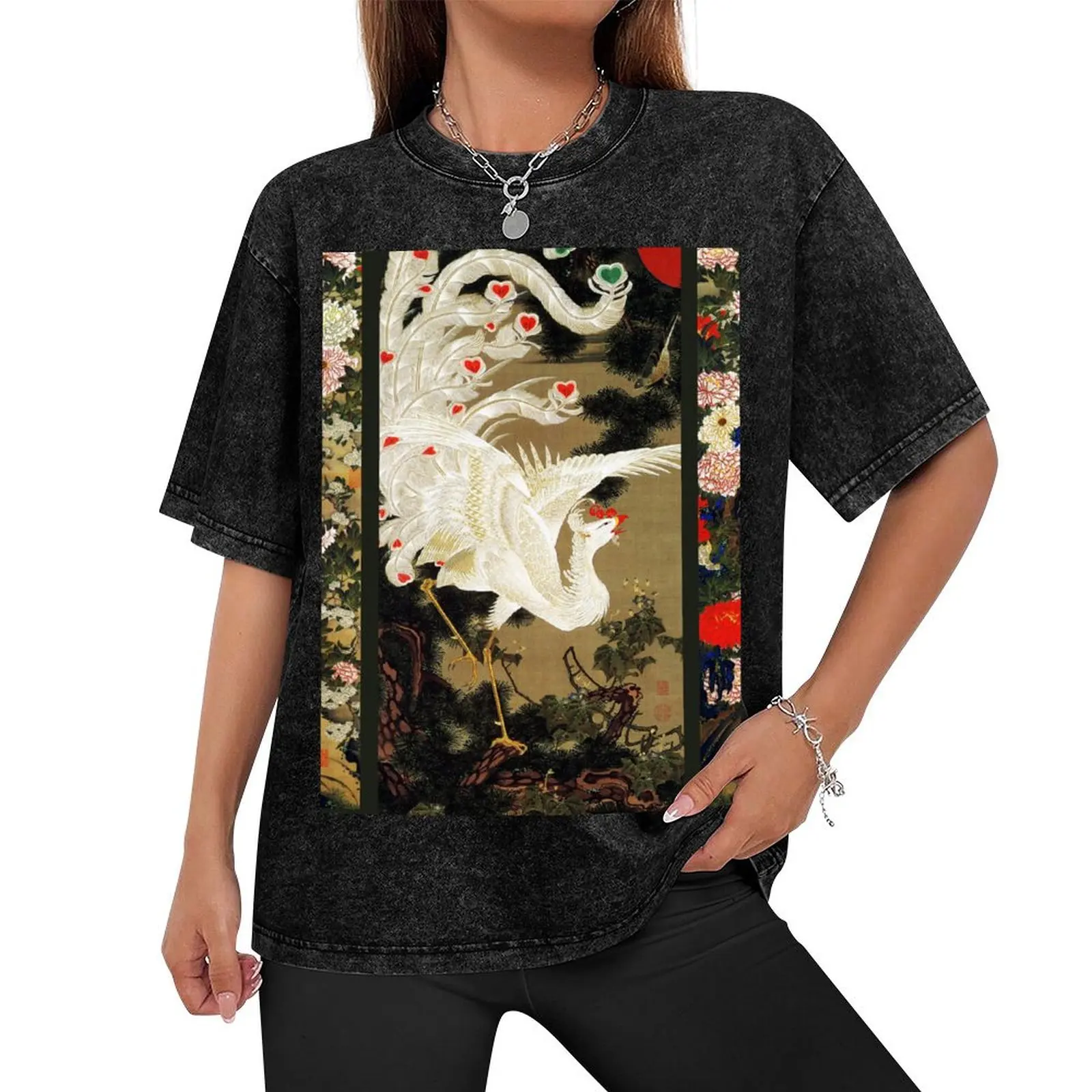 FLYING LOVE PHOENIX,WHITE FEATHERS WITH HEARTS Antique Japanese Floral T-Shirt plus sizes cute clothes t shirt men