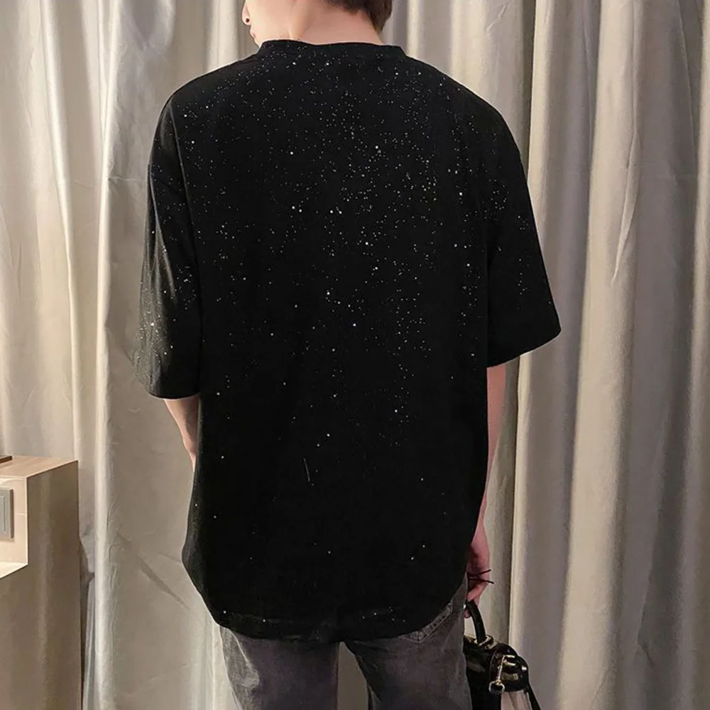 Summer New Casual T Shirt Korean Fashion Solid Nightclub Sequins Short Sleeves Tops Trendy Loose O Neck Streetwear Pullover Tees