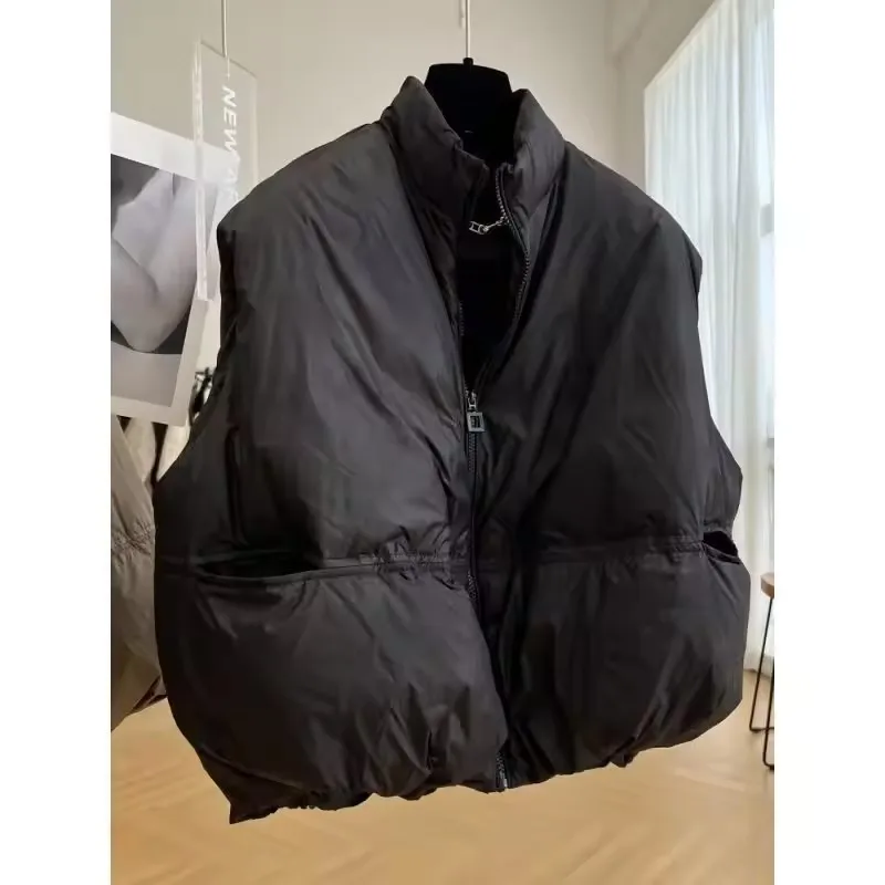

Black Thick Bread Padded Waistcoat Jacket Women's Autumn Winter Korean Stand Collar Loose Pocket Sleeveless Short Cotton Vest