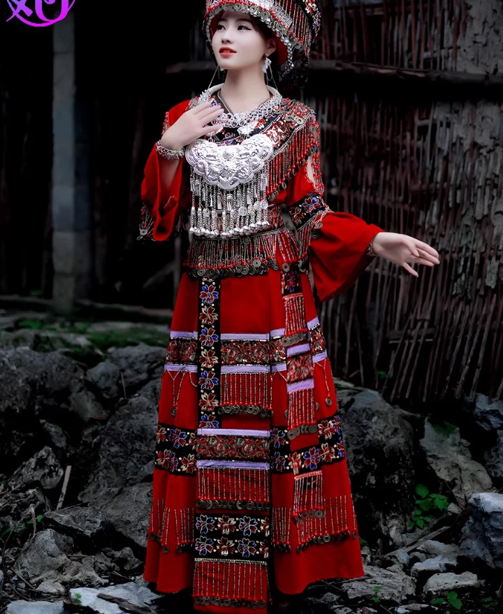 Chinese Guizhou Hmong Meisjes Trouwjurk Rode Set