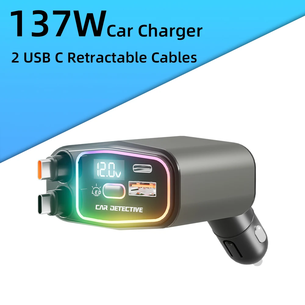 ASOMETECH 4-in-1 137 W Autoladegerät Duales einziehbares Ladekabel PD QC SCP PPS USB Typ C Schnellladegerät für IPhone Samsung Huawei Tablet 3