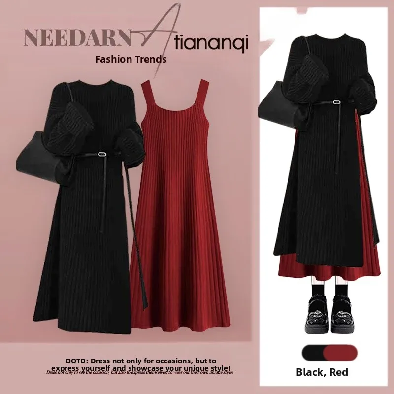 

Elegant Knitted Two-Piece Set for Women with Slit Sweater And Slimming Dress Fashionable Autumn Outfit Casual Chic Style