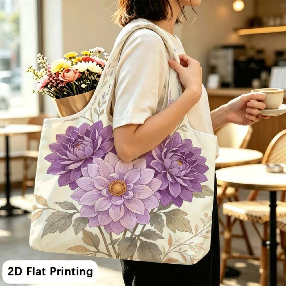 Dahlias glow soft lavender Foldable tote shoulder bag, portable and space‑saving for students.