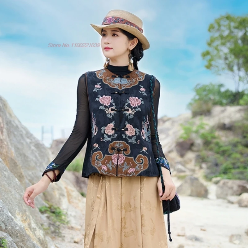 

2025 chinese vintage vest traditional flower embroidery satin jacquard folk vest retro vintage o-neck vest sleeveless jacket