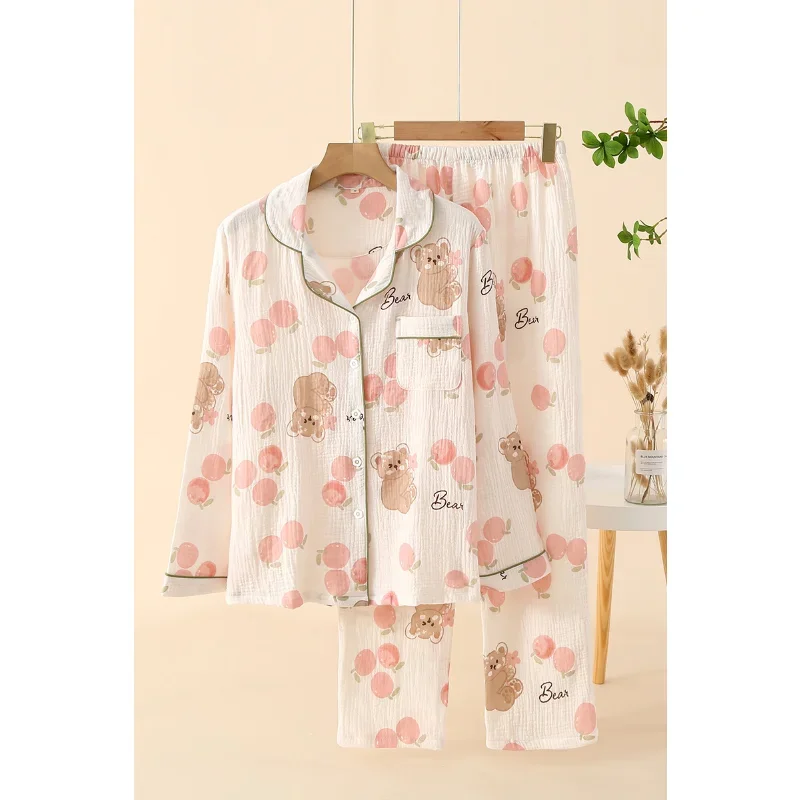 New spring and summer ladies pajamas long-sleeved trousers 100% cotton crepe cute little orange floral cardigan home service set