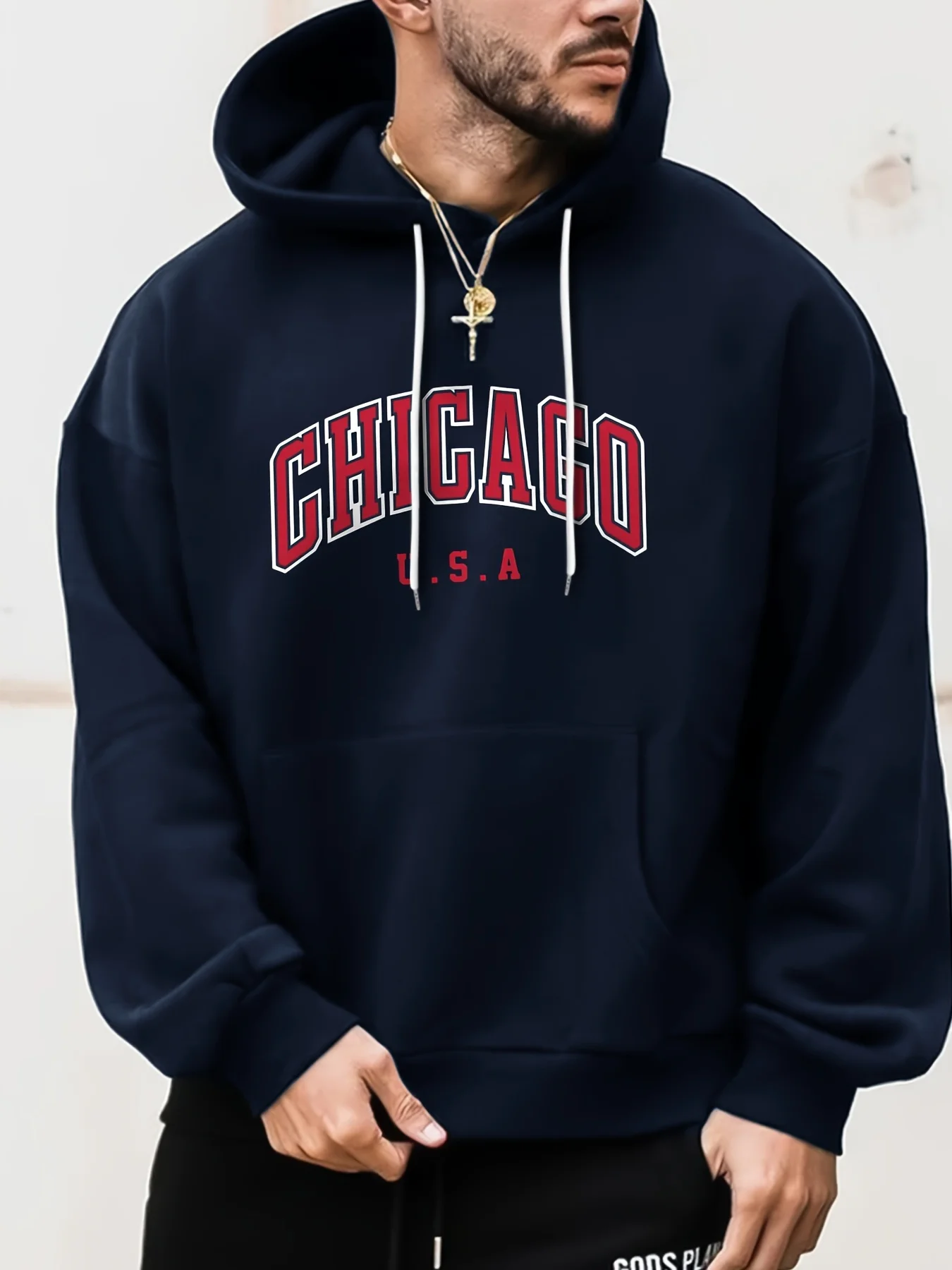 Men\'s autumn and winter casual fashion Chicago USA printed loose oversized sports comfortable fleece warm hooded sweatshirt
