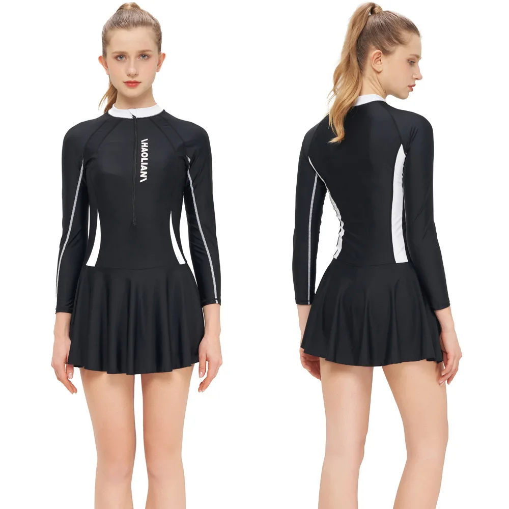 2023 women\'s Wetsuit Long Sleeved Slim And Thin Sunscreen Conservative One-piece Skirt Swimsuit
