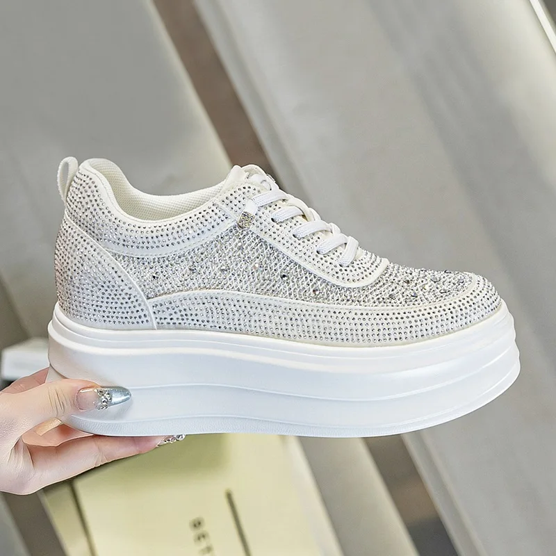 DRKANOL Fashion Women Breathable Air Mesh Shoes Summer Rhinestone Bling Thick Sole 9cm Height Increasing Wedges Heel Shoes H1327