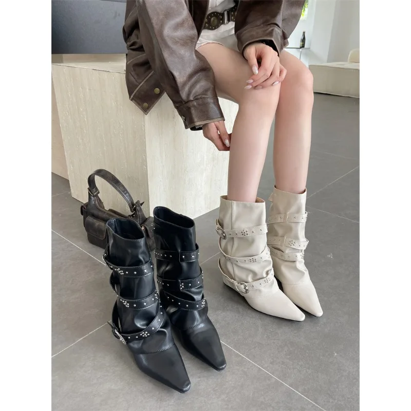 

2025 French White with Fashionable Pointed Toe Wide Tube Slimming Effect Belt Buckle Rivets Sloping Heel Mid Leg Pant Tube Boots