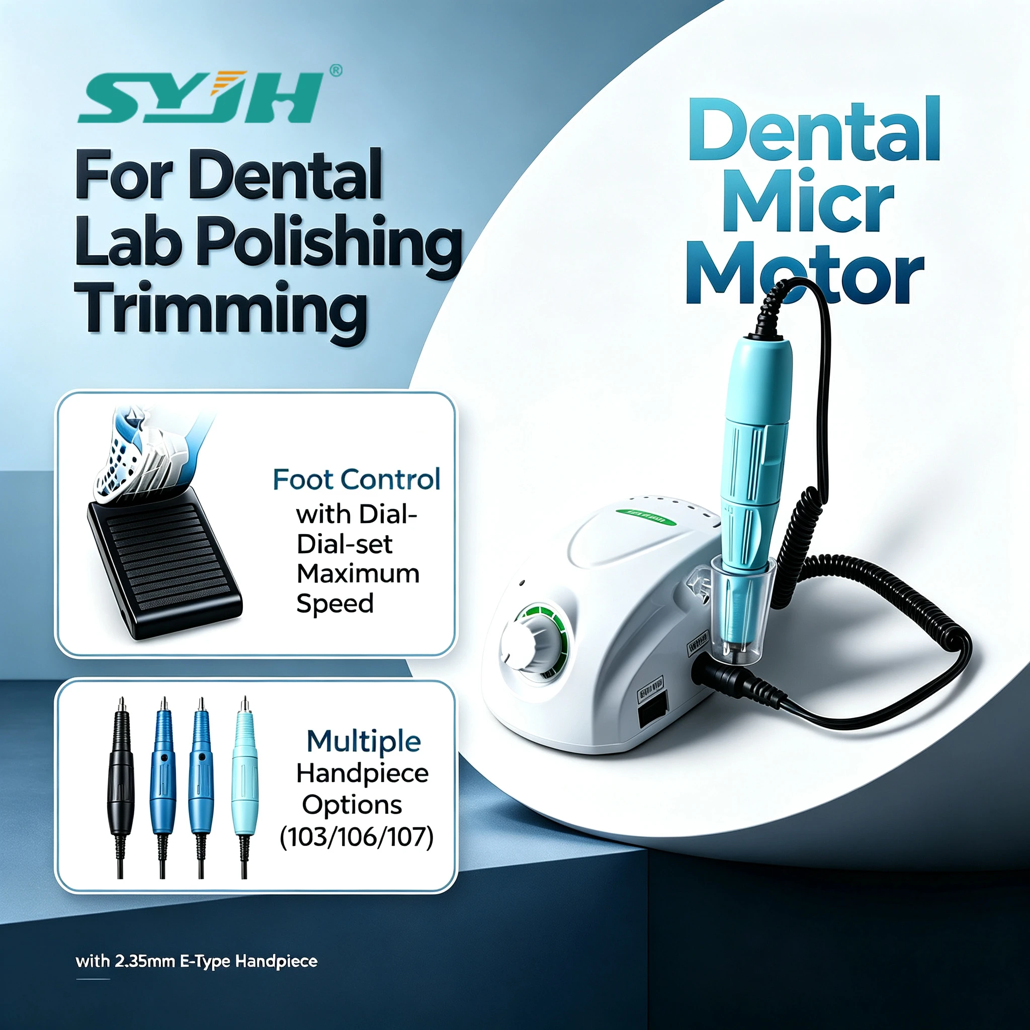 SYJH FASTRONG Mini Compact Dental Micromotor 35,000 RPM 25W Stepless Speed 2.35mm Handpiece for Dental Lab Polishing & Trimming