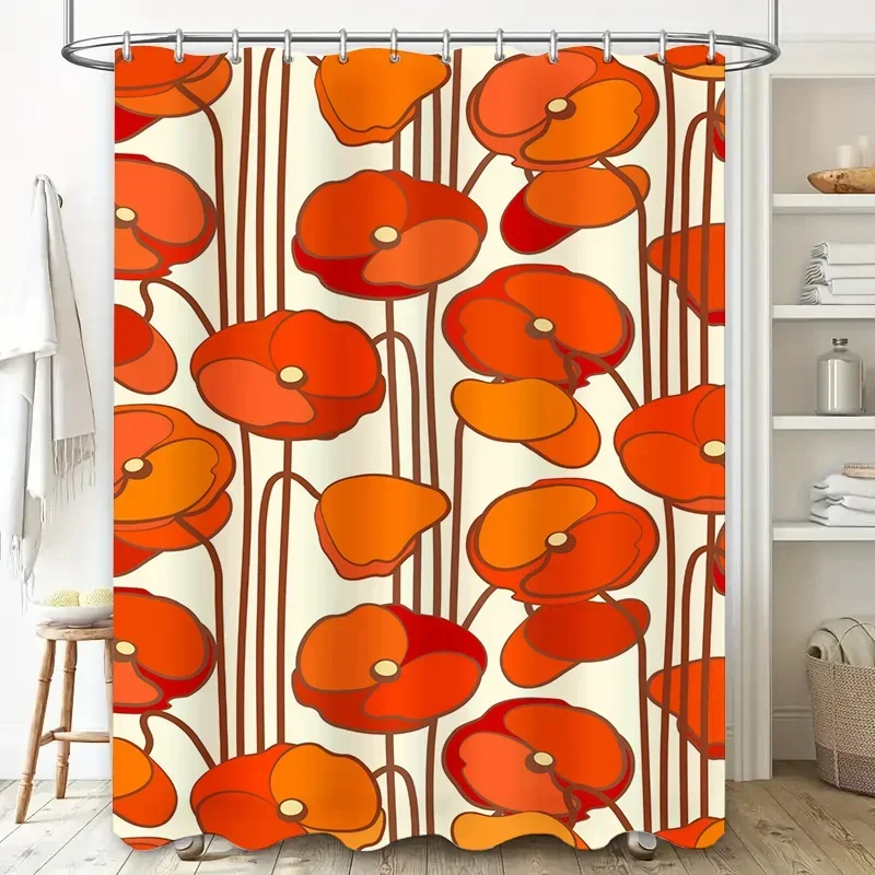 Modern Poppy Print Shower Curtain Vibrant Orange Red Bloom Flower Bath Decoration Home Decor Waterproof Fabric Hanging Set for B