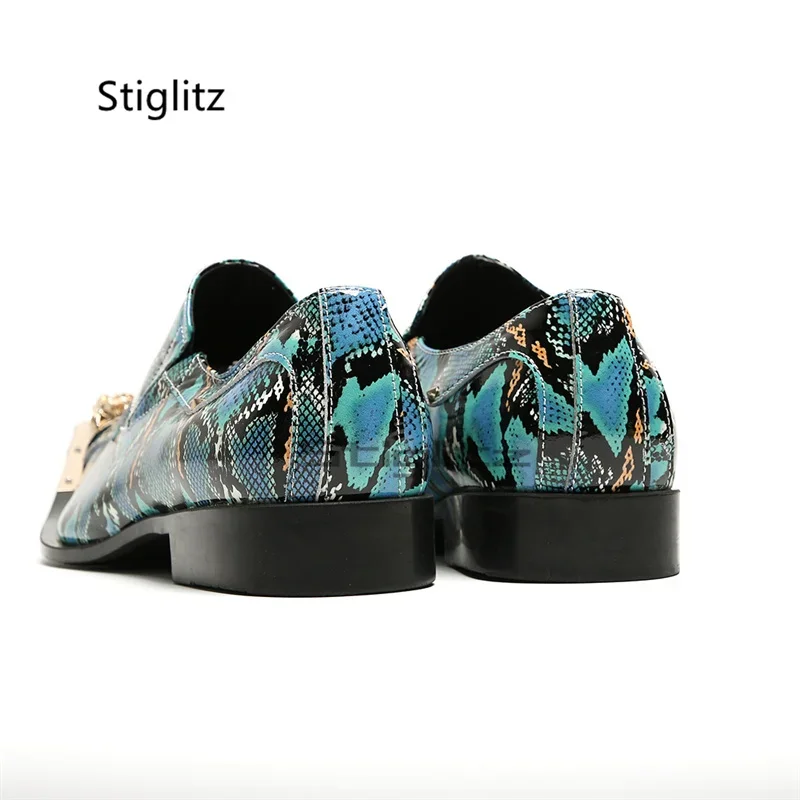 Metal Pointed Toe Prints Men's Business Shoes Snake Pattern Banquet Wedding Shoes Spring Autumn Slip On Genuine Leather Shoes