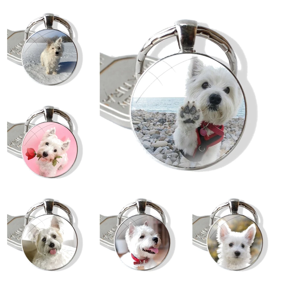 Westie Terrier Dog Puppy Highland Terrier Keychain Handmade Glass Cabochon Key Ring Holder Pendant Key Chains