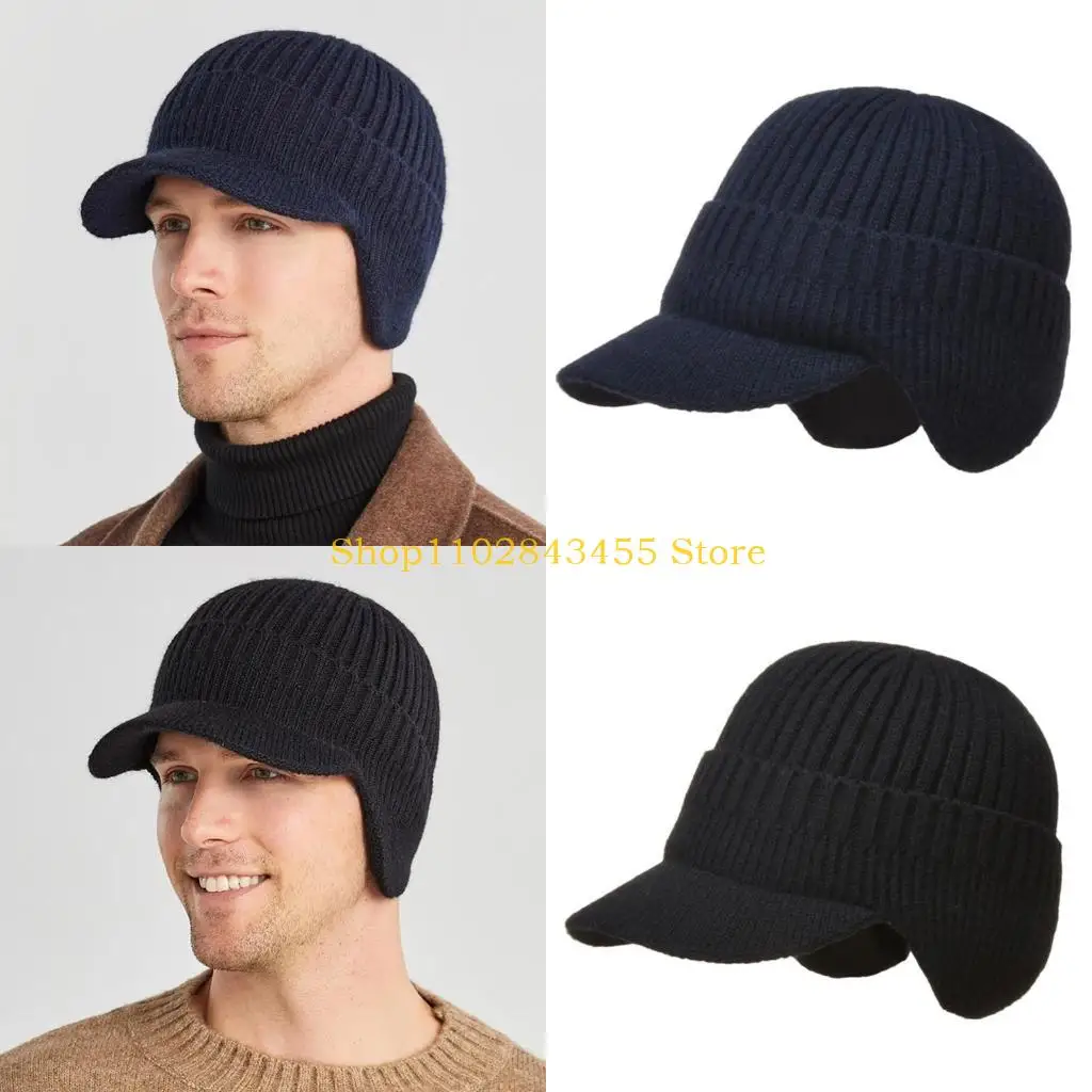 49MC Men Winter Visor Brim Earflap Beanie Hat Knitted Thicken Plush Lined Skullies Baseball Cap Windproof Neck Warmer