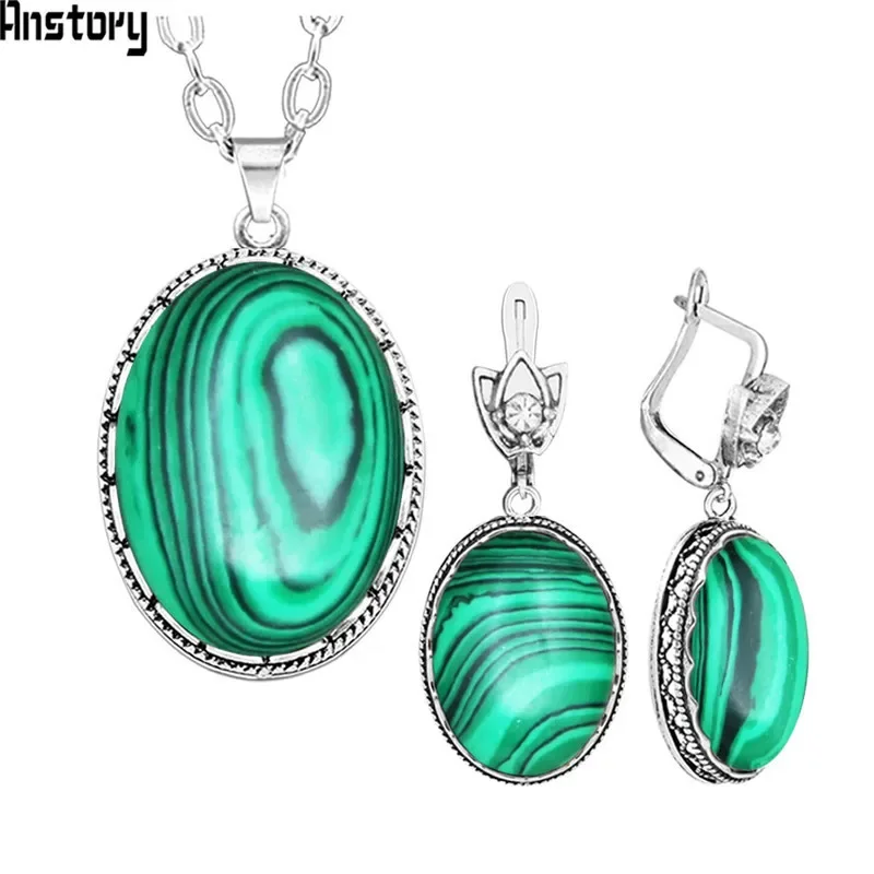 Oval Malachite Necklace Earrings Jewelry Set For Women Vintage Hollow Flower Pendant Stainless Steel Chain Fashion Gift  TS273