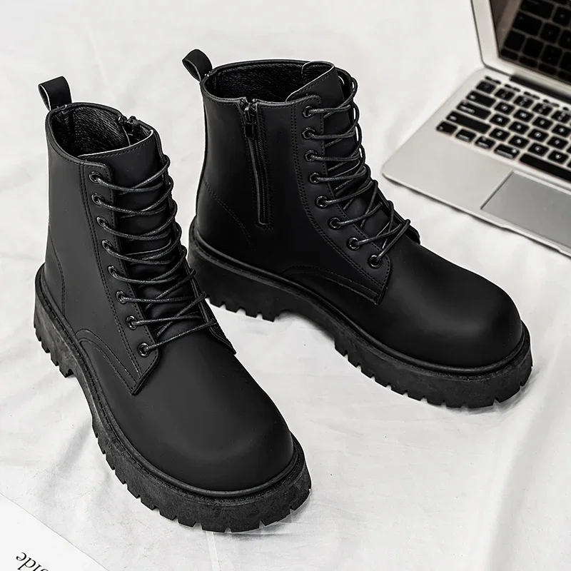 Autumn Winter Platform Men's Motorcycle Boots British Style Ankle Boots For Men Classic Black High Top Boots Man Leather Boots