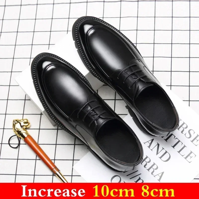 Zapatillas de deporte de cuero para hombre, zapatos informales con cordones impermeables que aumentan la altura, suela de goma superior de cuero genuino para carrera de oficina