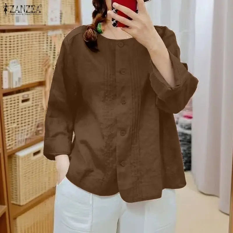 

2026ZANZEA Spring Fashion Shirt Women Vintage Cotton Tops Casual O Neck Long Sleeve Blouses Solid Pleated Shirts Buttons Blusas
