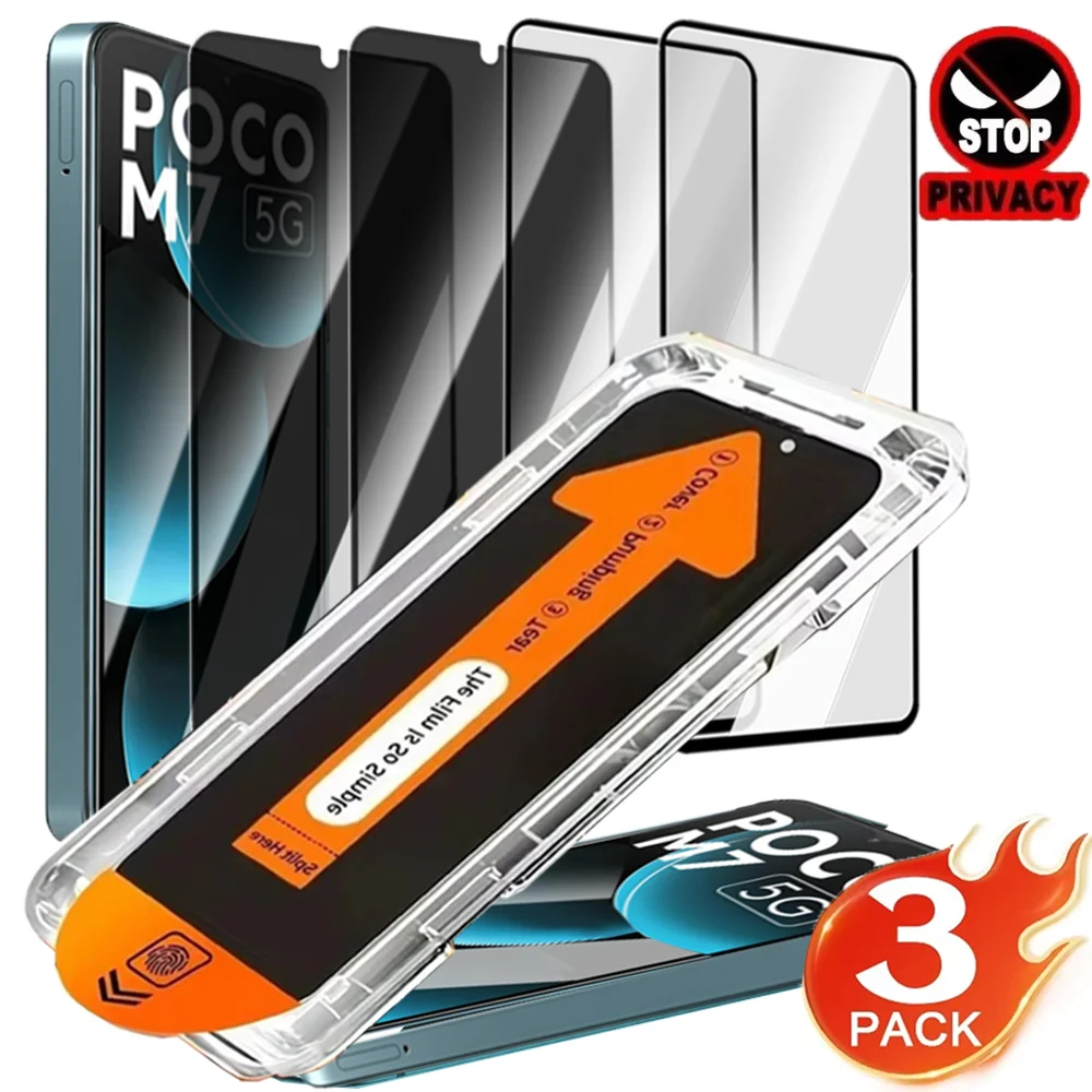 

3-1PACK for Xiaomi Poco M7/M7 Pro Anti-spy&HD Clear Tempered Glass Screen Protectors Easy Installation Dust Free Privacy Films