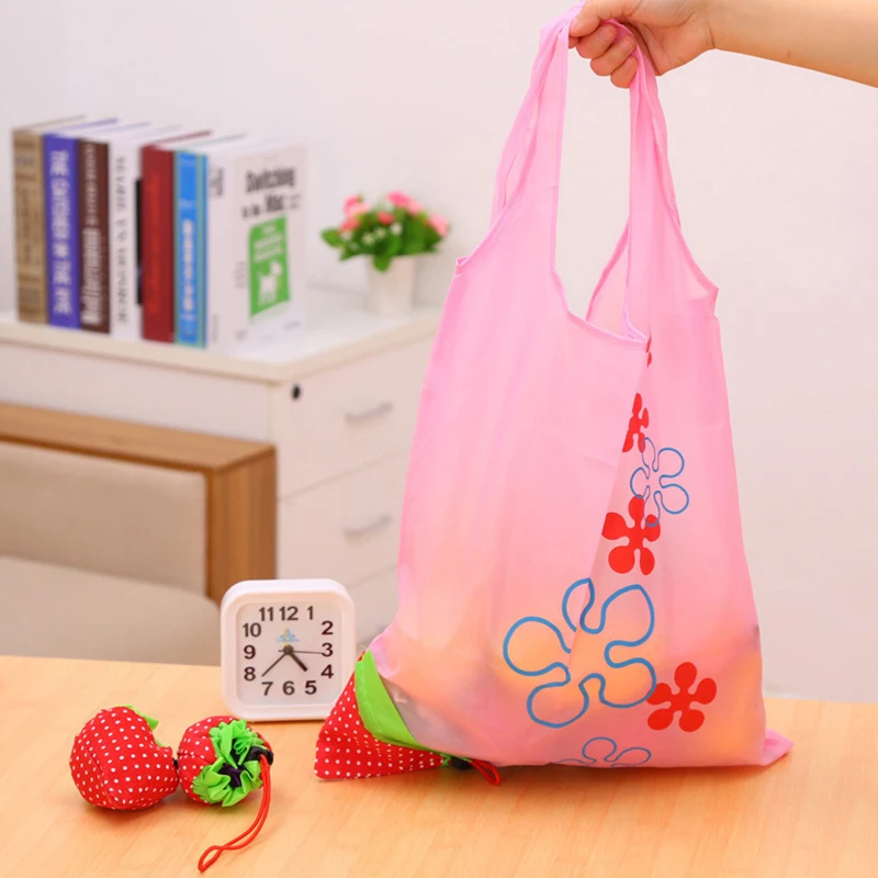 

Printing Strawberry Foldable Reusable Shopping Bag Nylon Green Grocery Bag Tote Handbag Convenient Large Capacity Storage Bags