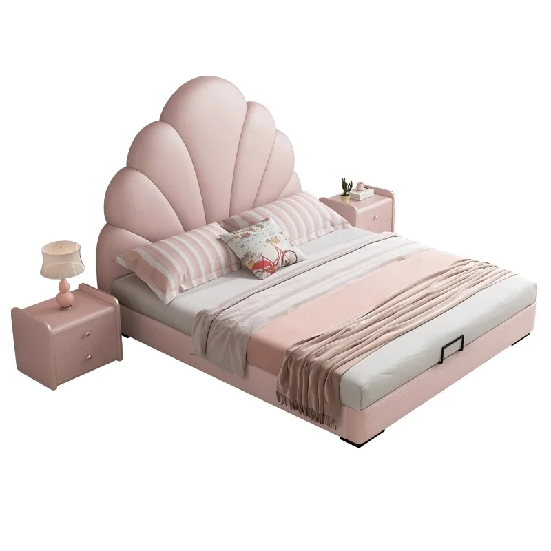 Bedroom Furniture Beautiful Luxury Leather High Headboard Kids Children Girl Bedroom Furniture pink Princess Bed for Girls
