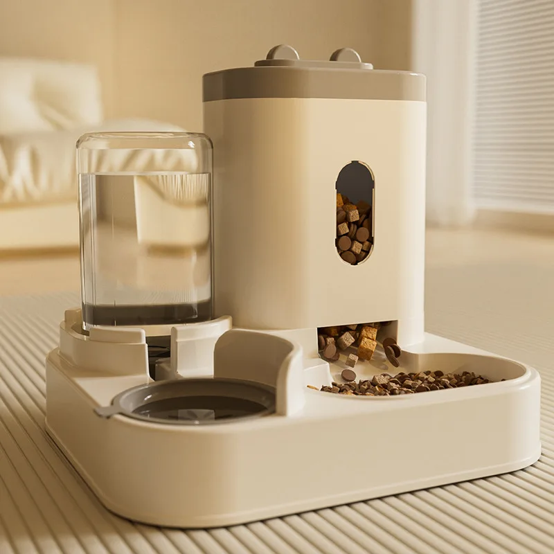 

Automatic Cat Dog Feeder and Water Fountain, Large Storage Container with Dual Bowls, Self-Serving Kibble Dispenser &Pet Waterer