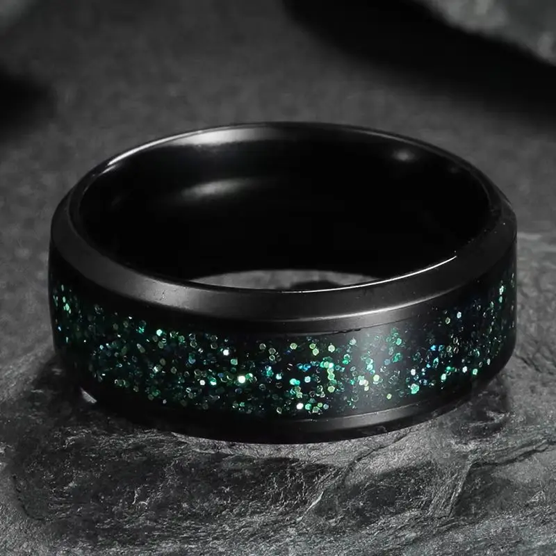 8MM Black Stainless Steel Ring with Green Abalone Shell Starry Sky Design Wedding Band for Men And Women Fashionable Accessory