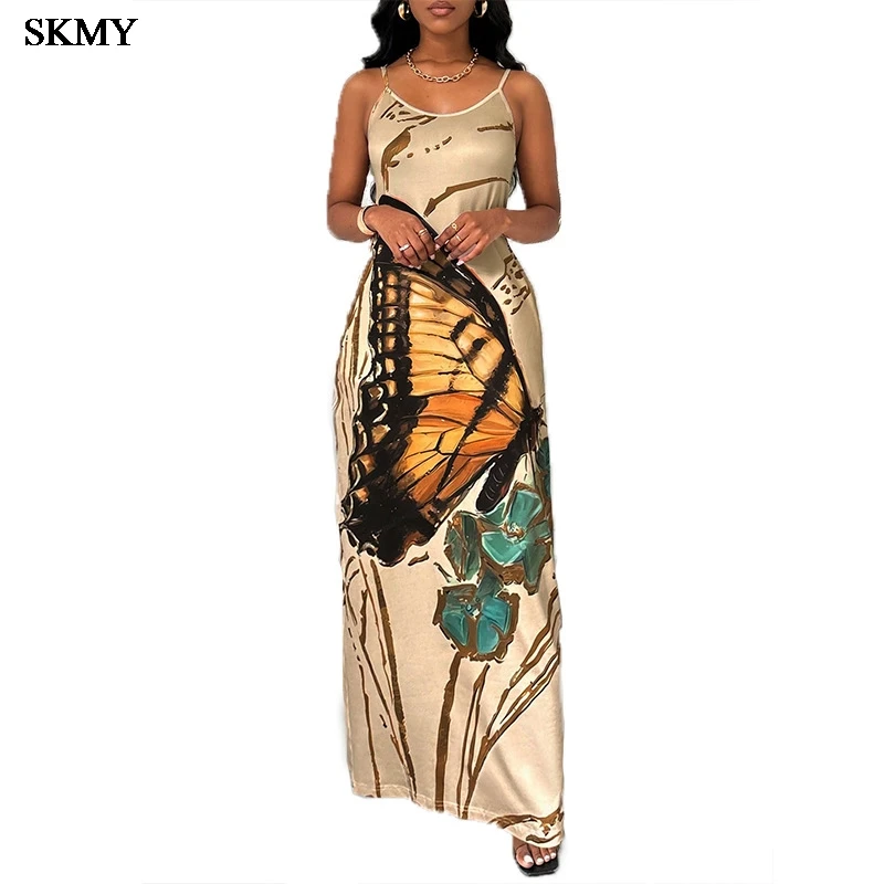 SKMY 2025 صيف جديد وصول Strappy عارية الذراعين Bodycon فستان موضة الأزهار طباعة بلا أكمام فستان قصير للحزب لباس غير رسمي