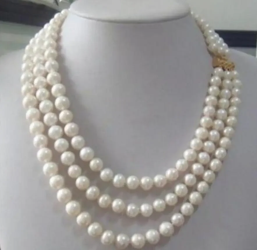 

triple strandsAAA 7-8mm Real Australian south sea white pearl necklace 17-19"14K gem