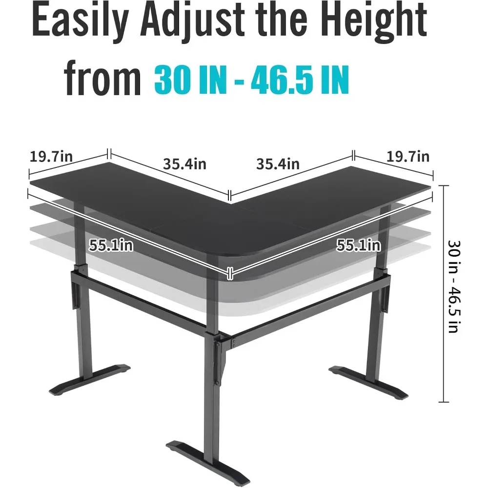 مكتب قائم قابل للتعديل بارتفاع كرنك على شكل حرف L باللون الأسود، مكتب زاوية قائم، محطة عمل قائمة على شكل حرف L - جودة عالية #4
