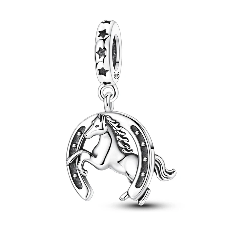 

925 Sterling Silver Running Horses And Horseshoes Charms Pendant For Women Fit Original Bracelet DIY Birthday Jewelry Gifts