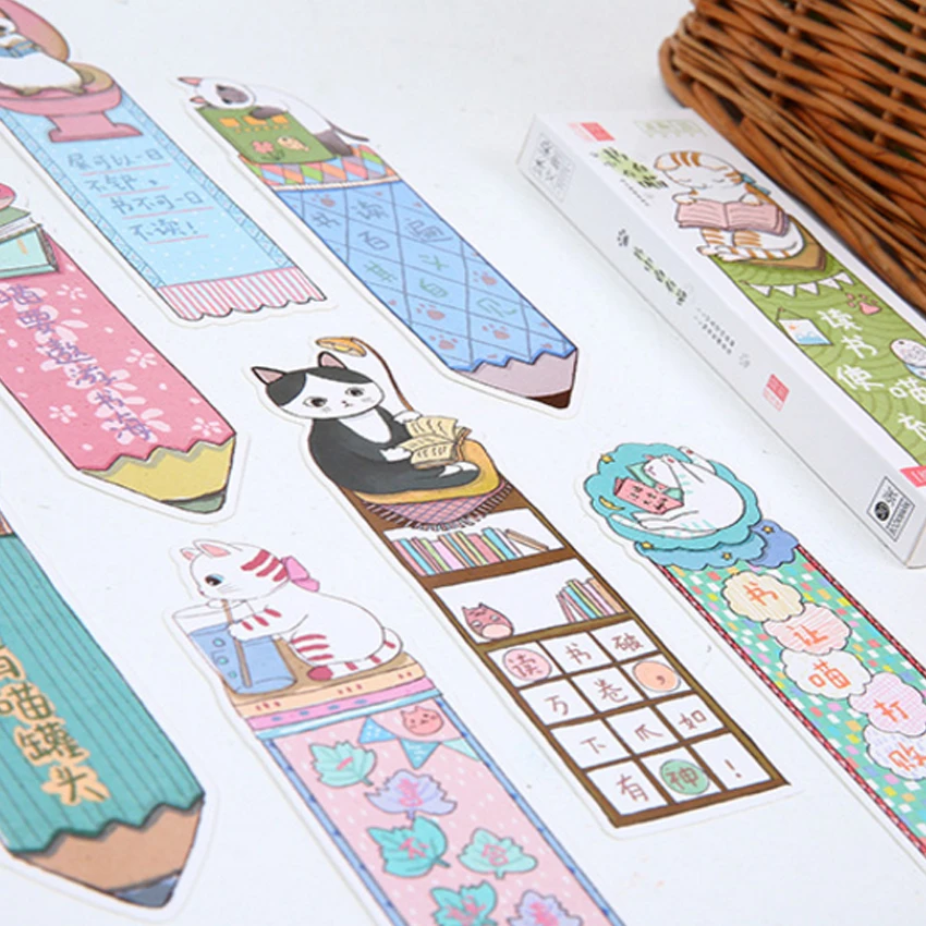 30pcs/pack kawaii cartoon reading cats paper bookmark page holder message label cards school and office suppliers