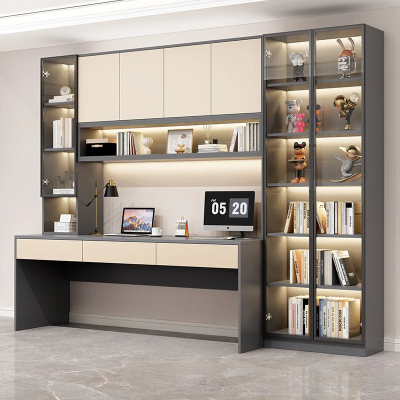 Double desk, bookcase, integrated wall-mounted solid wood computer desk, bookshelf light luxury with glass door, student bedroom