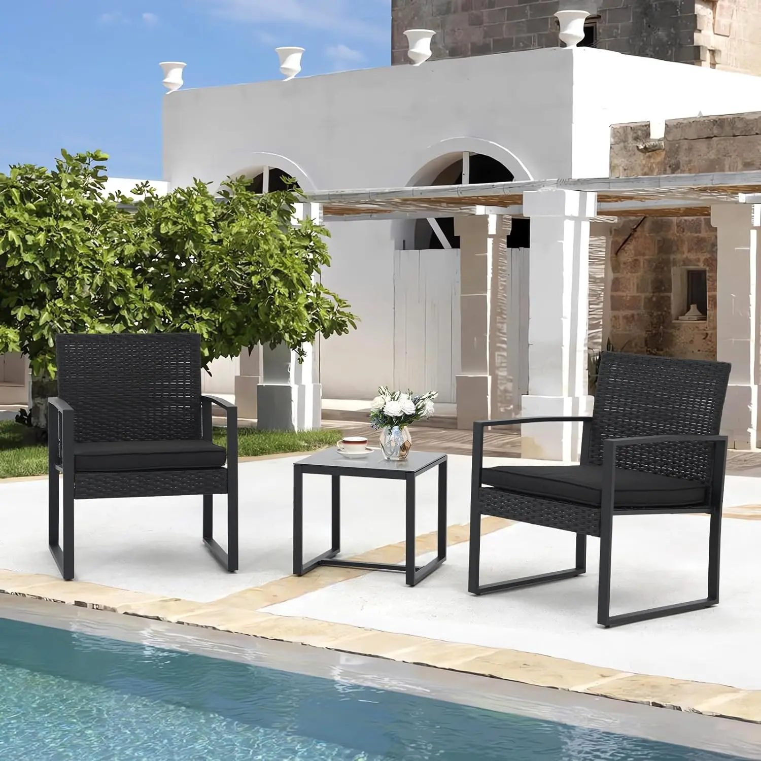 Rattan Outdoor Patio Móveis Set, Cadeiras Rattan, Bistro Set, PE Wicker, Conjuntos de Conversa para Varanda, 3 Pcs