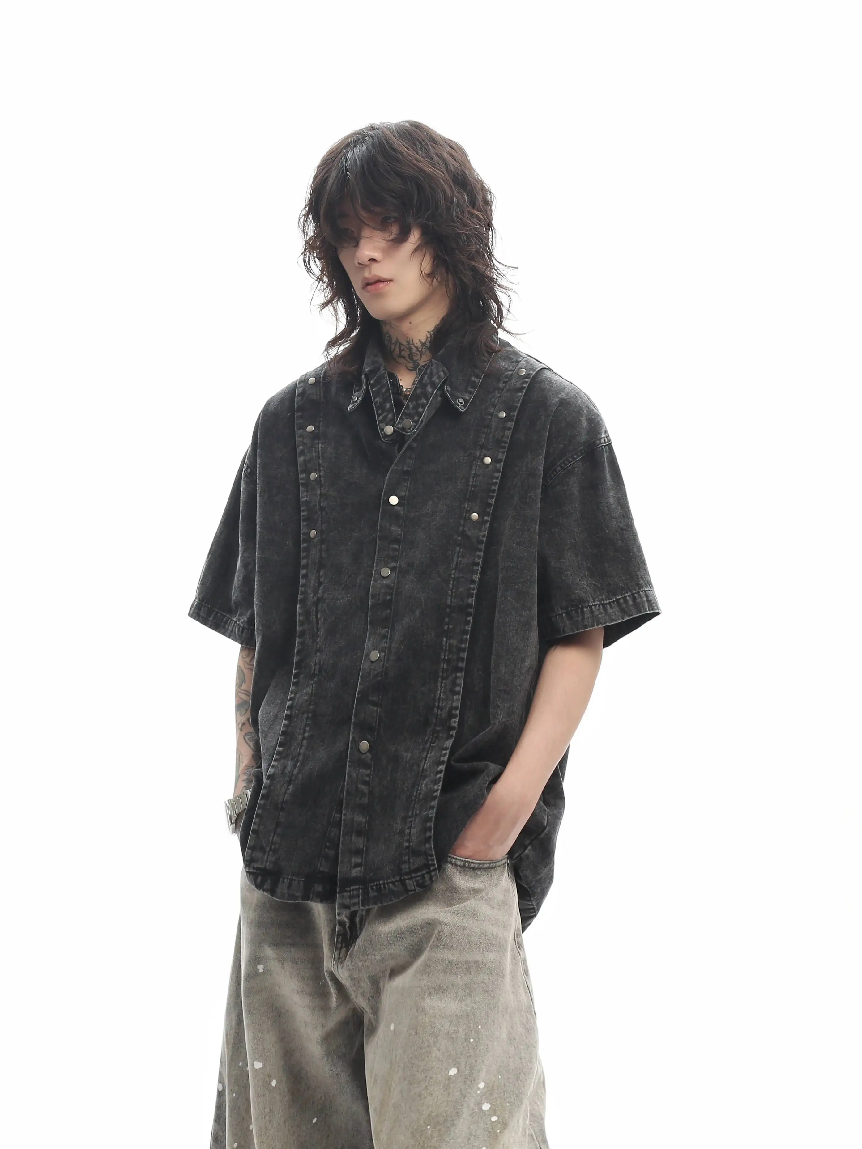 Man Denim Shirts 2026 New Men Vintage Spliced Rivet Design Short Sleeve Shirts Washed Denim Blouses Summer Loose High Street Top