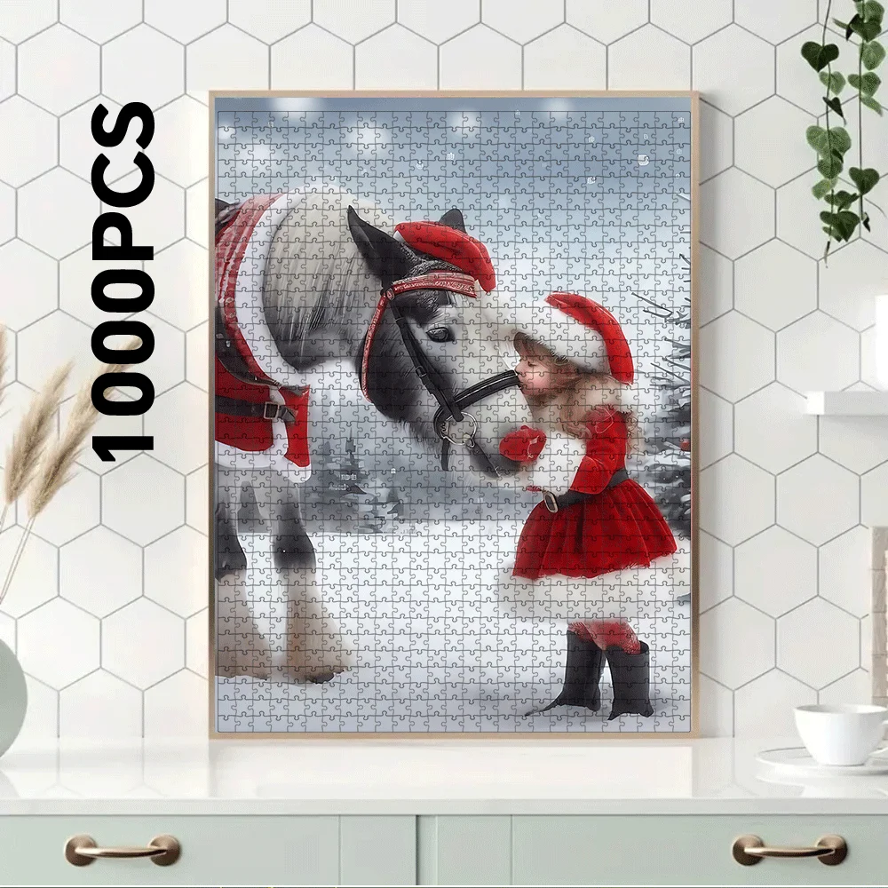 1000/500pcs Puzzles Featuring Girls, Horses, Christmas Hats, And Snowy Landscapes, Large Interactive Games for Adults And Fami
