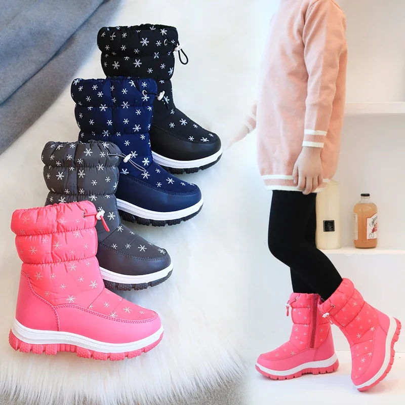 Botas de nieve de piel cálida para invierno, zapatos peludos negros para niñas, calzado impermeable antideslizante para niños, zapatillas de deporte