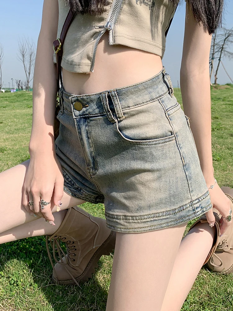 

American Retro High Waist Slimming A-Line Denim Shorts Women Summer Hot Pants Sexy Girls Short Jeans Cotton Polyester Blend