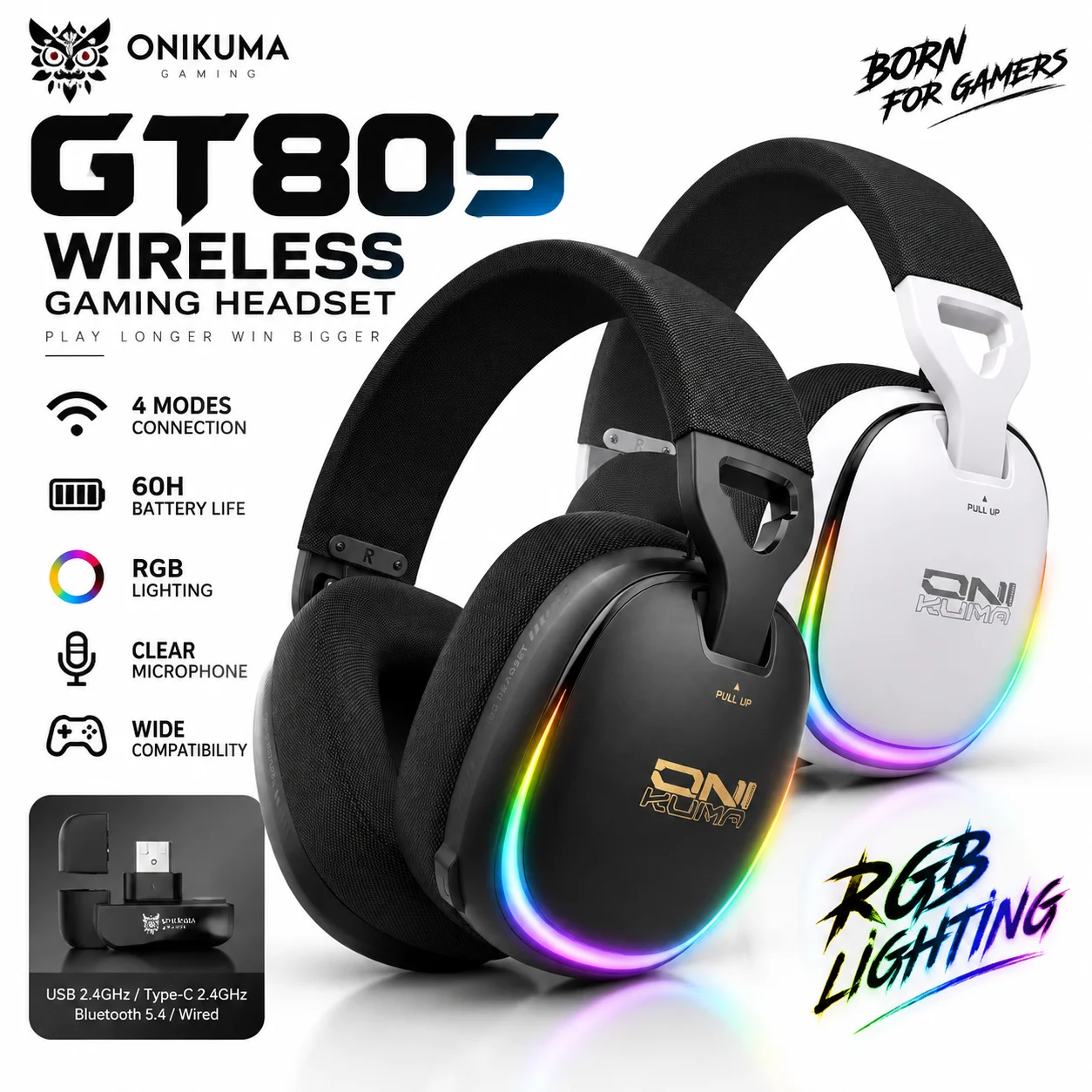 Gaming Headset With Mic Rgb - หูฟังเกมมิ่งไร้สาย ONIKUMA GT805 2.4GHz ความหน่วงต่ำ บลูทูธ