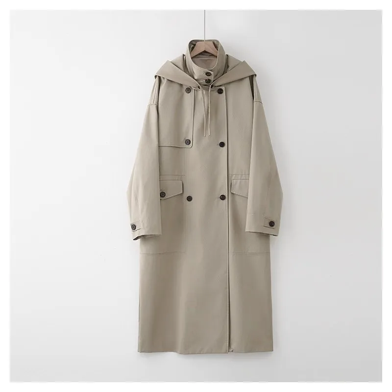 Mauroicardi Spring Autumn Long Oversized Khaki Coat Women with Hood Double Breasted Loose Casual Korean Fashion Clothes 2025