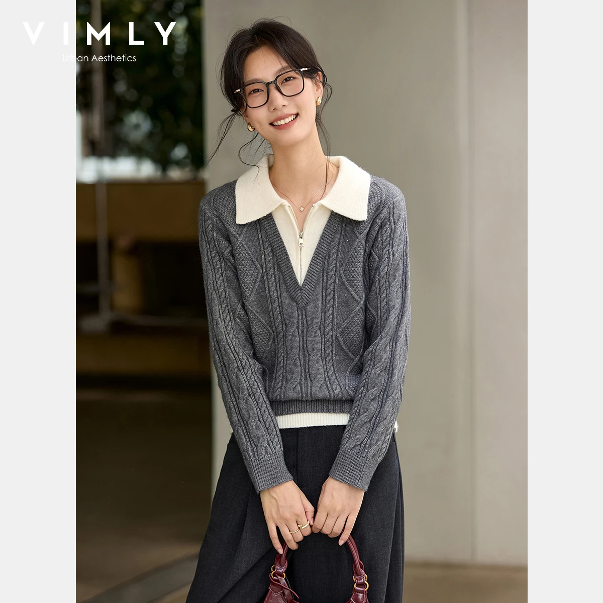 

Серые свитера VIMLY для женщин, лоскутное предложение, пуловеры 2 в 1, вязаные пуловеры, осенняя мода 2025 года, теплый трикотаж с отложным воротником 75097
