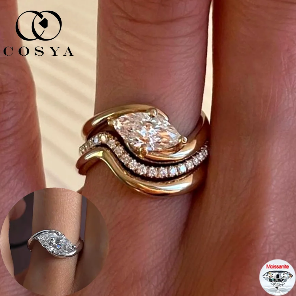 

COSYA 1/2CT Marquise Cut Moissanite Ring Set For Women 100% S925 Silver 18K Gold D Color Lab Diamond Band Fine Jewelry