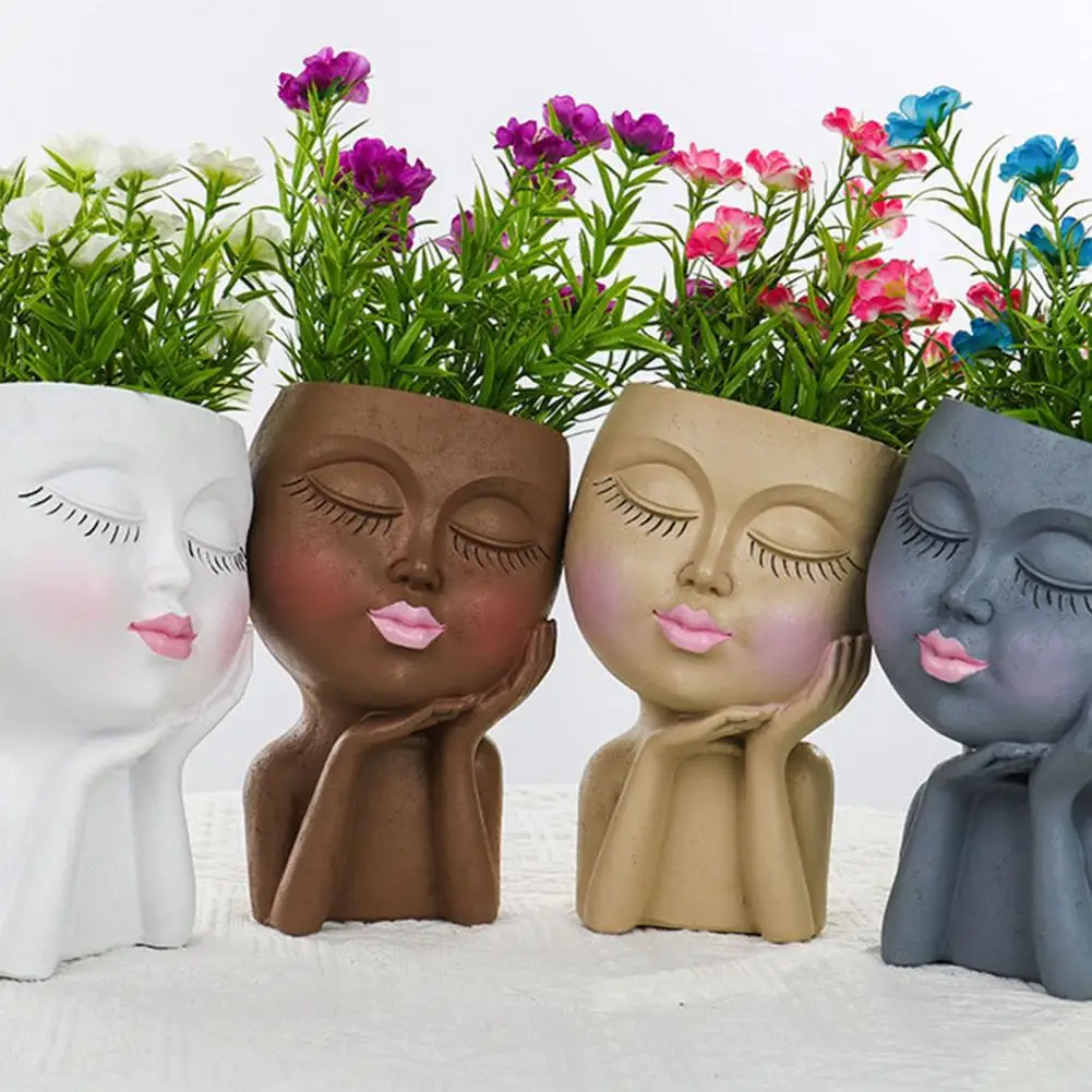 Face Flower Pot Sleeping Beauty Smooth Edge Human Head Planter Decorative Artistic Resin Drainage Plant Pot For Garden