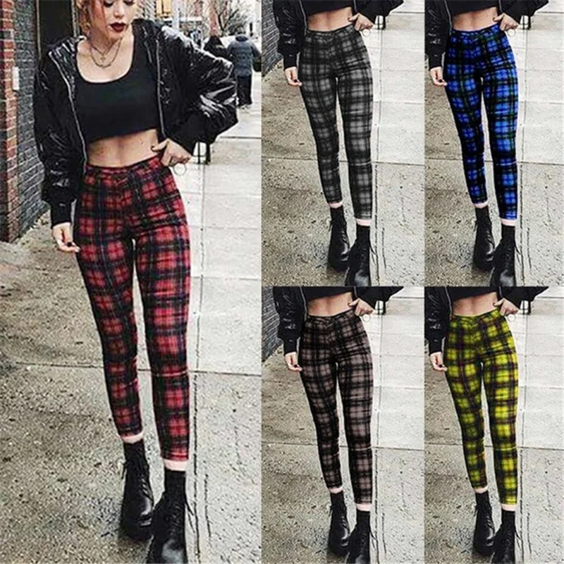 High Waist Plaid Women's Leggings Casual Pants Elastic Slim Fit Pencil Pants Base Layer Clothing Cross-Border Fashion
