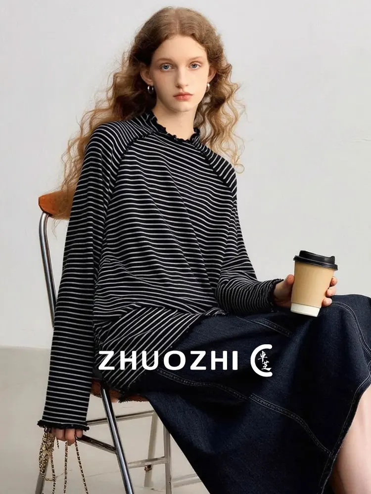 

Женская футболка ZhuoZhi Lazy с высоким воротником, в полоску, средней длины, во французском стиле, свободного кроя, с длинным рукавом, для офиса и повседневной носки