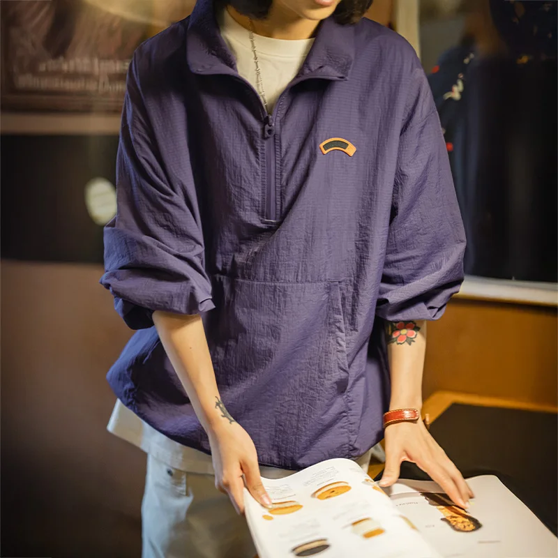 Maden femme Vintage demi-fermeture éclair col montant pull veste Cityboy extérieur sweat à capuche décontracté sport urbain Streetwear