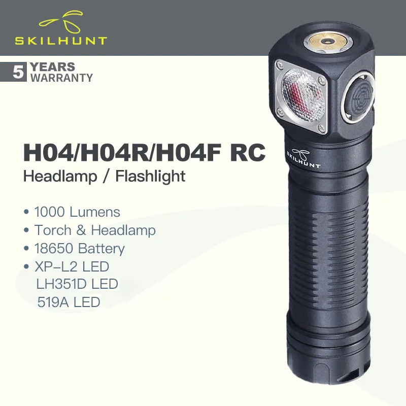 

Skilhunt H04/H04R/H04F RC LED Headlamp/Flashlight, 1000 Lumens,18650 Battery, New UDOC Reflector, Reverse Polarity Protection