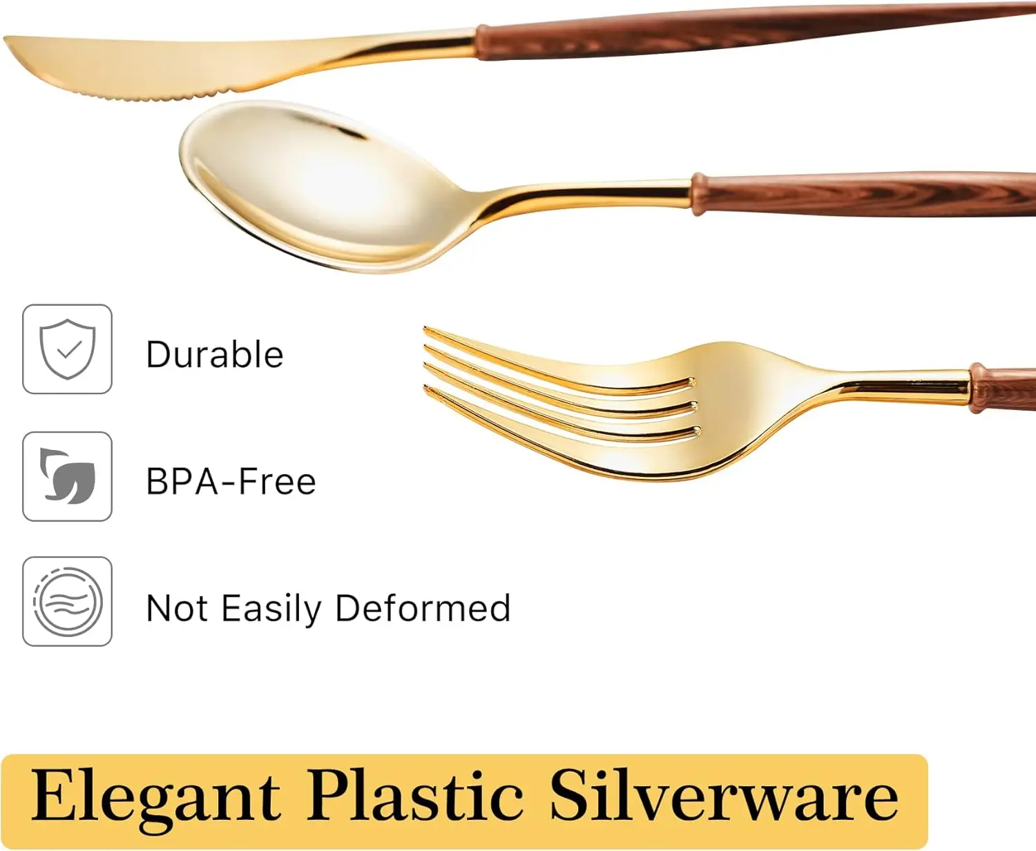 120PCS Gold Plastic Silverware, Gold Disposable Cutlery with Wood Grain Handle Include 40 Forks, 40 Spoons, 40 Knives, E